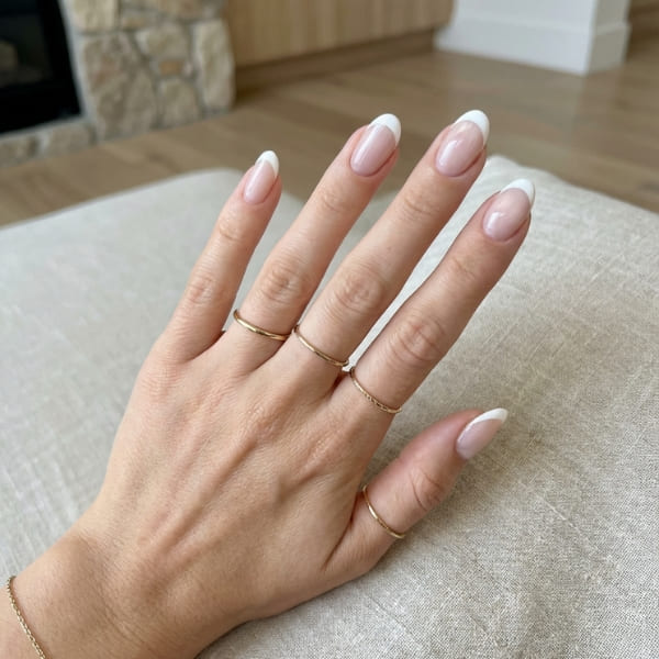 Hand mit dünnen Goldringen und Mandelnägeln im French Look auf Leinenkissen