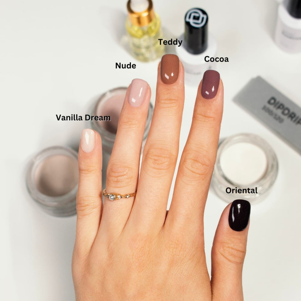 "DIY-Maniküre mit DIPDRIP: Farben Vanilla Dream, Nude, Teddy, Cocoa, und Oriental für ein vielfältiges Nageldesign. Jede Farbe bringt eine einzigartige Note und macht deine Nägel zu echten Hinguckern.