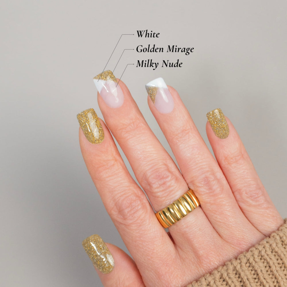DIY-Maniküre mit DIPDRIP: White, Golden Mirage und Milky Nude für ein glamouröses Nageldesign. Perfekt für einen stilvollen und eleganten Look.