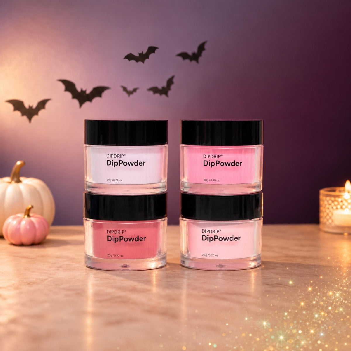 4 Wunschfarben: vier Dosen DIPDRIP Dipping Powder in Weiß-, Rosa- und Korallentönen mit Halloween-Deko